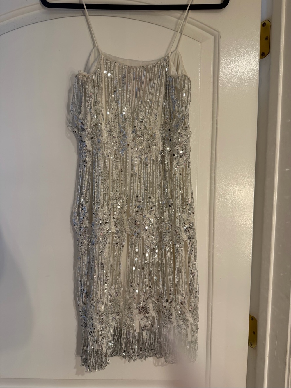 Marc Bouwer Ivory Beaded Fringe Slip Dress with Silver Sequins